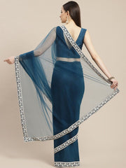 Teal Net Sequinned Embroidered Saree - inddus-us