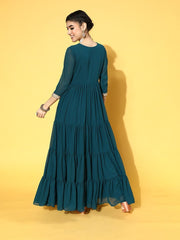Teal Nylon Partywear Self Design Dresses - Inddus.com