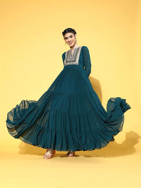 self design dress Women's Teal Round Neck Half Sleeve Self Design Fit & Flare Georgette Maxi  Dress