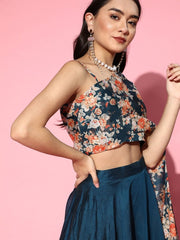 Teal Organza Digital Print Crop Top with Solid Flared Skirt - Inddus.com