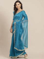 Teal Organza Saree with Embroidered Border - inddus-us