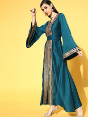 Teal Poly Silk Partywear Ethnic Motifs Dresses - Inddus.com