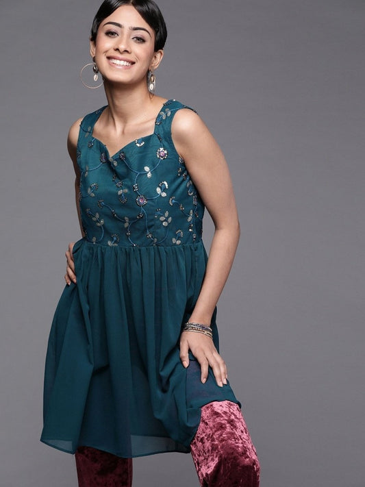 Teal Polyester Embroidered Dress - Inddus.com
