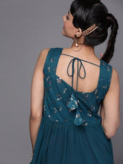 Teal Polyester Embroidered Dress - Inddus.com