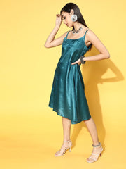 Teal Polyester Partywear Self Design Dresses - Inddus.com