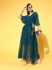 Teal Polyester Partywear Self Design Dresses - Inddus.com