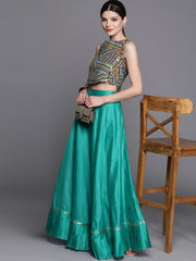 Teal Rayon and Cotton Blend Solid Lehenga Choli - inddus-us