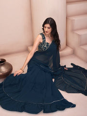Teal Ruffled Poly Georgette Saree - Inddus.com