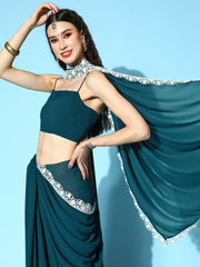 Teal Saree with Embroidered border - Inddus.com