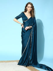 Teal Satin Solid Saree with Mirror Detailing comes with Blouse Piece - Inddus.com
