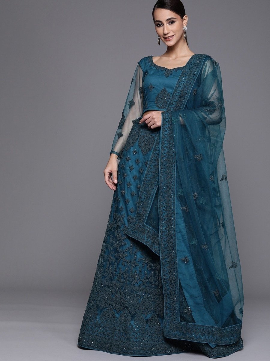 Teal Semistitched Lehenga with Embroidered Blouse and Embroidered Dupatta - inddus-us