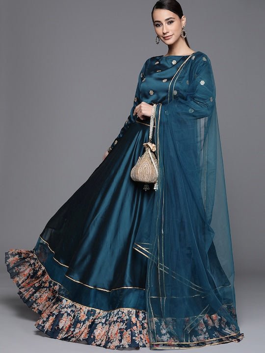 Teal Semistitched Lehenga with Embroidered Blouse and Net Dupatta - Inddus.com