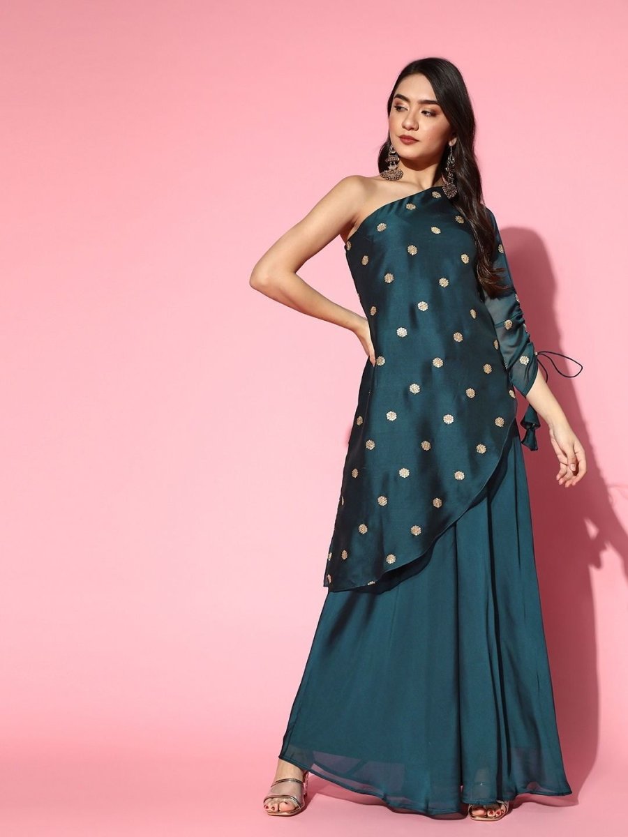 Teal Sequinned Embroidered Kurta with Palazzo - Inddus.com