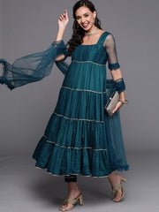 Teal Solid Tiered Kurta with Trouser and Dupatta - Inddus.com