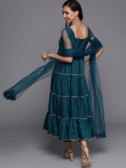 Teal Solid Tiered Kurta with Trouser and Dupatta - Inddus.com