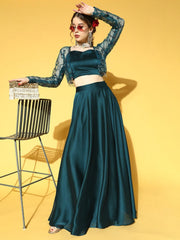 Teal Solid Top & Skirt with Embroidered Jacket - Inddus.com