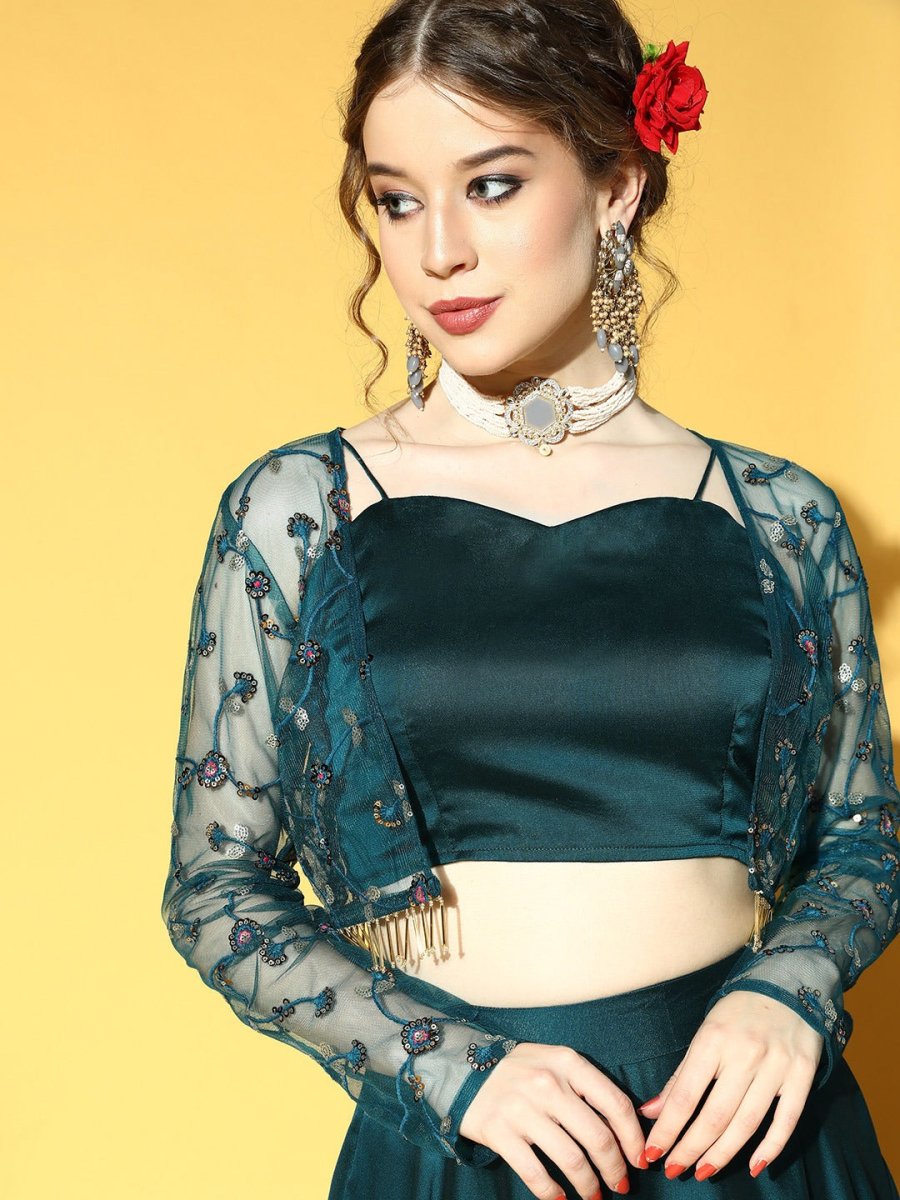 Teal Solid Top & Skirt with Embroidered Jacket - Inddus.com