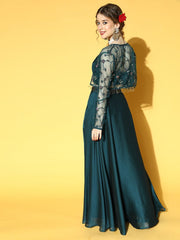 Teal Solid Top & Skirt with Embroidered Jacket - Inddus.com