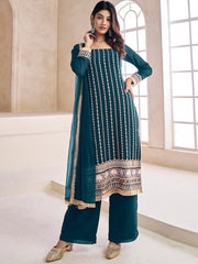 Teal Striped Embroidered Beads & Stones Straight Kurta & Palazzos With Dupatta - Inddus.com