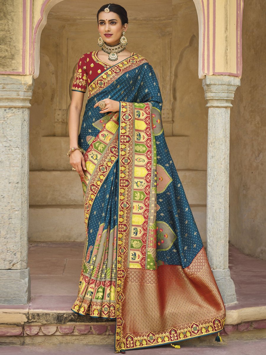 Teal Viscose Silk Traditional Saree - Inddus.com