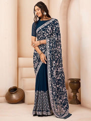 Teal & White Floral Embroidered Sequinned Poly Georgette Saree - Inddus.com