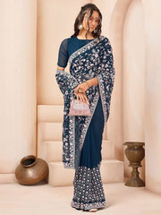Teal & White Floral Embroidered Sequinned Poly Georgette Saree