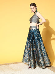 Teal Woven Design Semi-stitched Lehenga Choli With Dupatta - Inddus.com