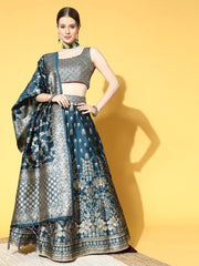 Teal Woven Design Semi-stitched Lehenga Choli With Dupatta - Inddus.com