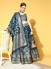 Teal Woven Design Semi-stitched Lehenga Choli With Dupatta - Inddus.com