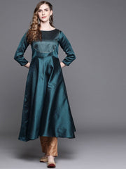 Teal Yoke Woven Design Kurta - Inddus.com