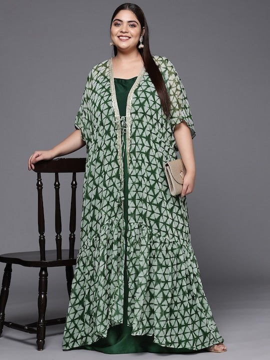 Tie and Dye Layered Plus Size Maxi Dress with Jacket - Inddus.com