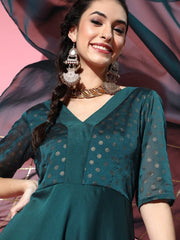 Tranquil Teal Silk Festive Gown Kurta with gotta detail dupatta - Inddus.com
