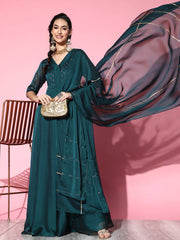 Tranquil Teal Silk Festive Gown Kurta with gotta detail dupatta - Inddus.com