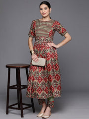 Tribal Embroidered Pleated Thread Work Kurta with Trousers - Inddus.com