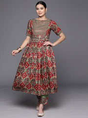 Tribal Embroidered Pleated Thread Work Kurta with Trousers - Inddus.com