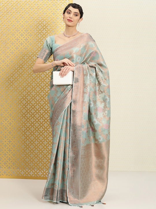 Turquoise Blue Floral Zari Silk Blend Saree
