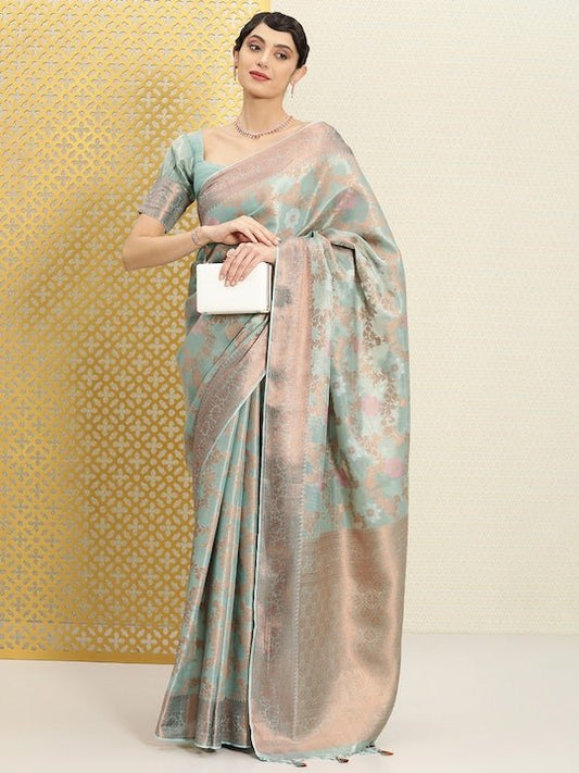 Turquoise Blue Floral Zari Silk Blend Saree
