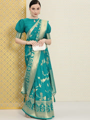 Turquoise Blue & Gold-Toned Floral Zari Silk Blend Banarasi Saree