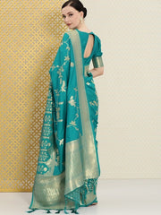 Turquoise Blue & Gold-Toned Floral Zari Silk Blend Banarasi Saree - Inddus.com