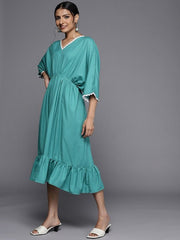 Turquoise Blue Solid Ethnic Kaftan Midi Dress - Inddus.com