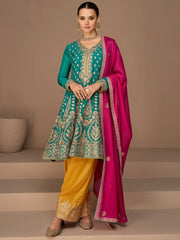 Turquoise Chinon Silk Partywear Anarkali Suit - Inddus.com
