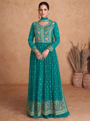 Turquoise Embroidered Partywear Palazzo-Suit - Inddus.com