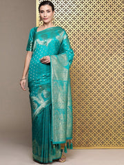 Turquoise Ethnic Motifs Zari Silk Blend Banarasi Saree - Inddus.com