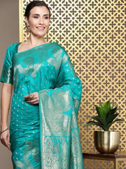 Turquoise Ethnic Motifs Zari Silk Blend Banarasi Saree - Inddus.com