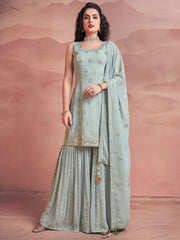 Turquoise Georgette Partywear Sharara-Style-Suit - Inddus.com
