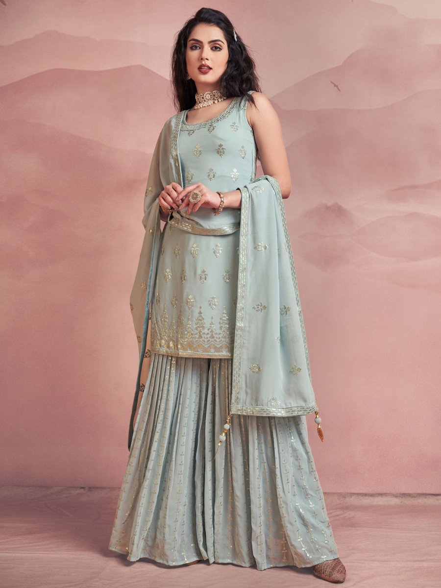 Turquoise Georgette Partywear Sharara-Style-Suit - Inddus.com