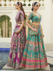Turquoise Green And Gold Sequence Embroidered Lehenga Choli - Inddus.com