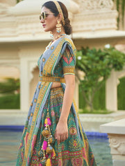 Turquoise Green And Gold Sequence Embroidered Lehenga Choli - Inddus.com