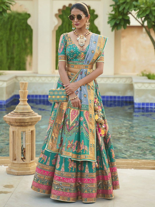 Turquoise Green And Gold Sequence Embroidered Lehenga Choli - Inddus.com