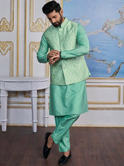 Turquoise Jacquard Kurta With Trouser - Inddus.com